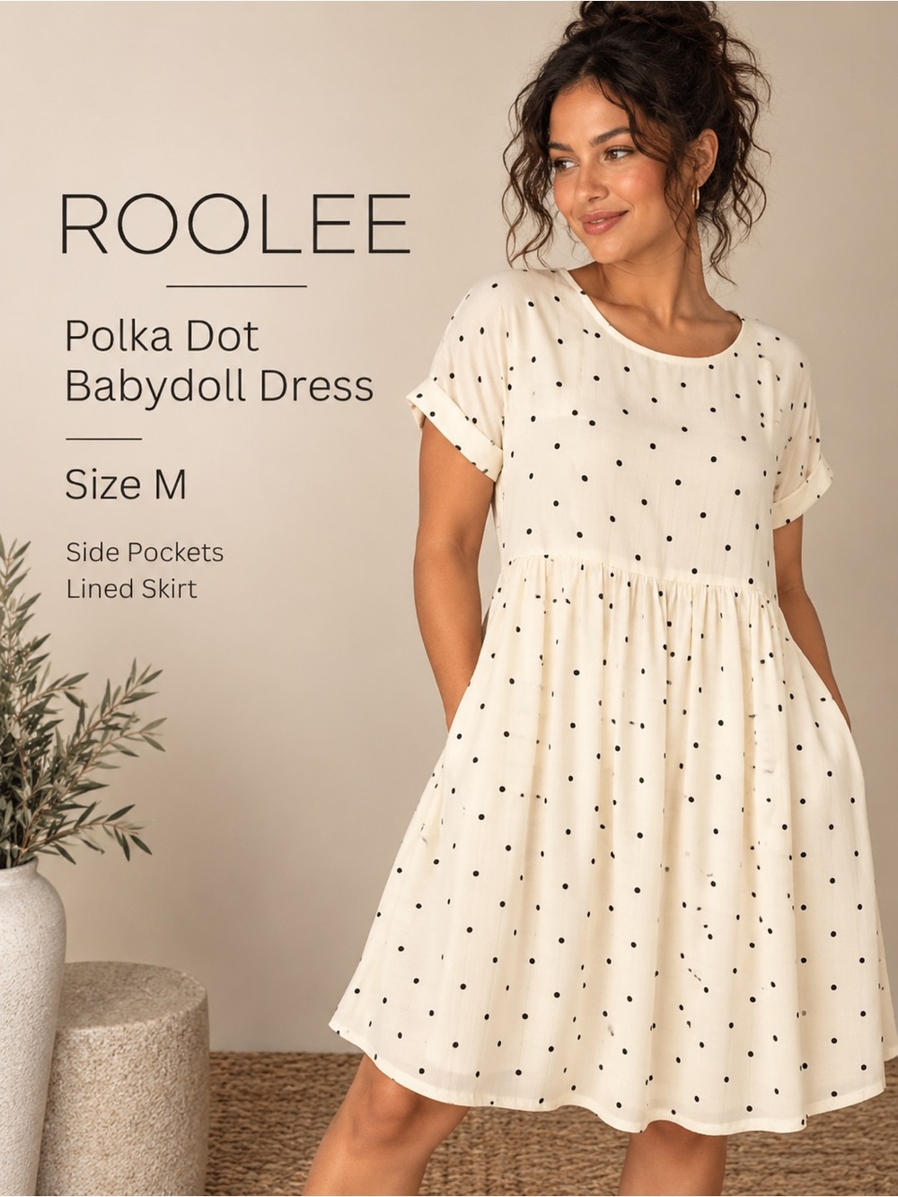 Roolee Ivory Black Polka Dot Babydoll Pocket Dress Size M